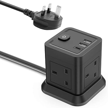Cube Extension Lead with USB, 4 Way Power Strip with 3 USB Ports 5V/2.4A BEVA UK Power Socket with Switch 1.5M Extension Cords for Home, Office, Travel, Dorm Room Black
