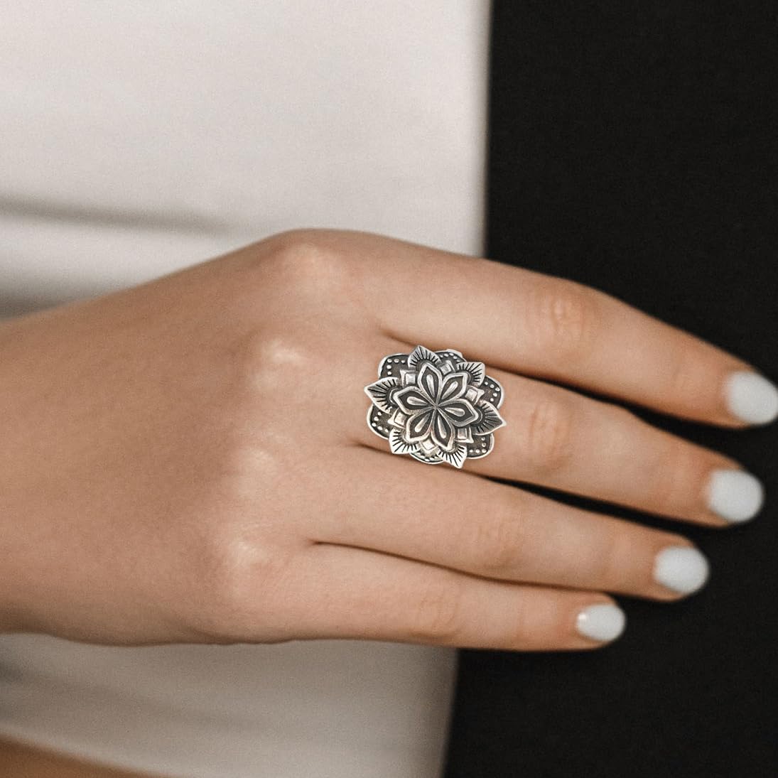 Adjustable Lotus Flower Ring,Open Retro Antique S925 Sterling Silver Mandala Bohemian Boho Ethnic Statement Ring Jewlry for Women - Image 6