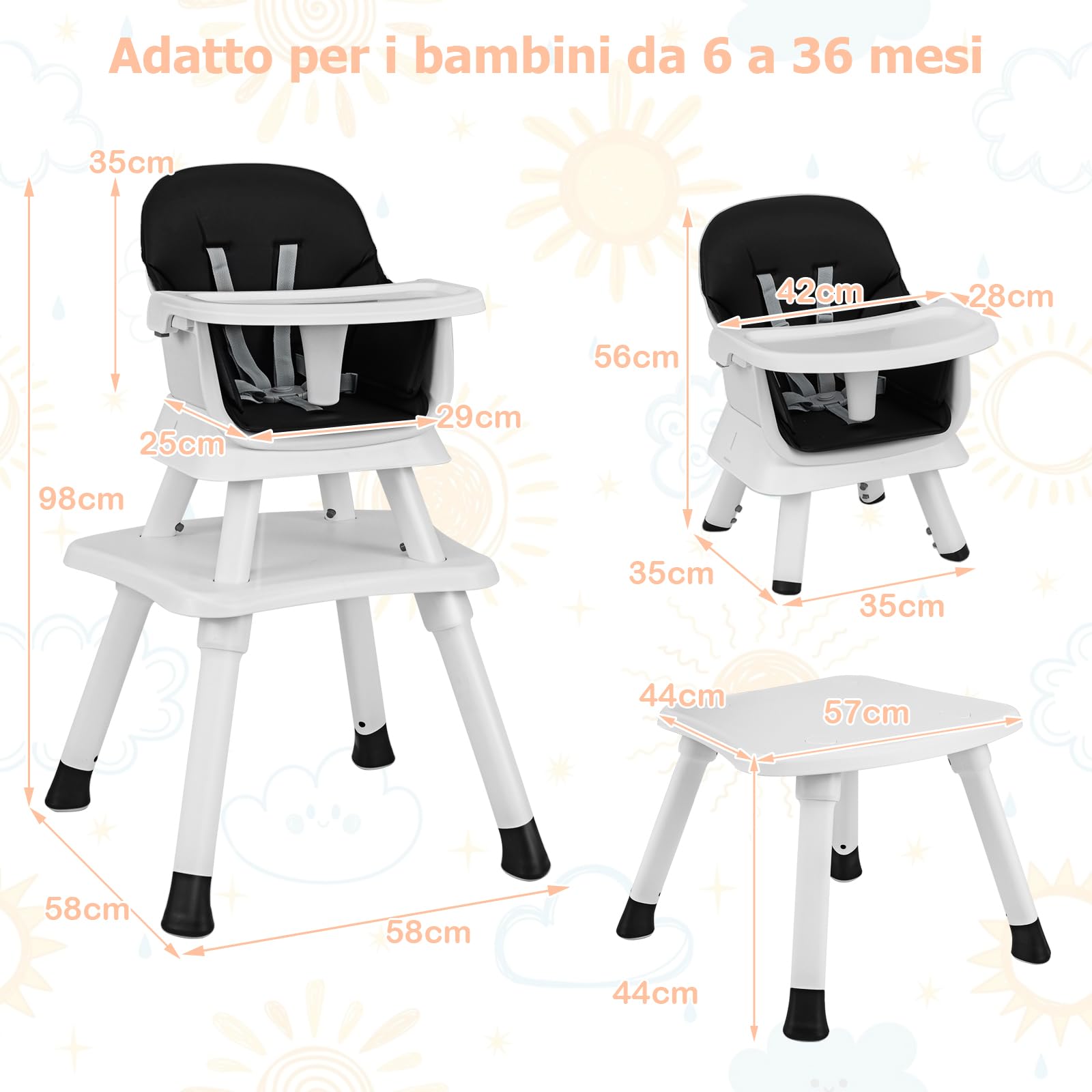 RELAX4LIFE 6 en 1 Trona Bebé con Arnes de 5 Puntos y Cojín Desmontables, Tronas de Bebe Portátil con Bandeja Ajustable y Extraíble, Mesa y Silla Infantil para Niños 6+ Meses, Carga 25kg (Negro)