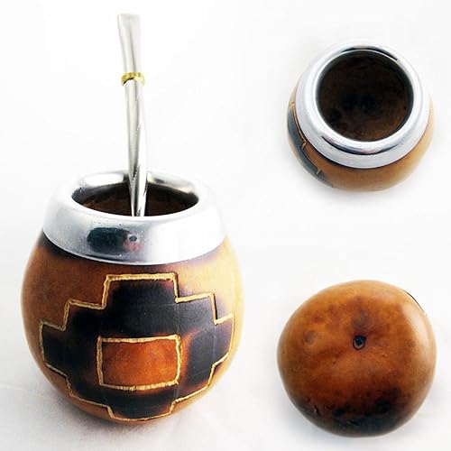 Miniatura 3 de PAMPAS CRUZ TALADA MATE GOURD PARA YERBA O TÉ CON BOMBILLA DE PAJA HECHO A MANO NATURAL 6952