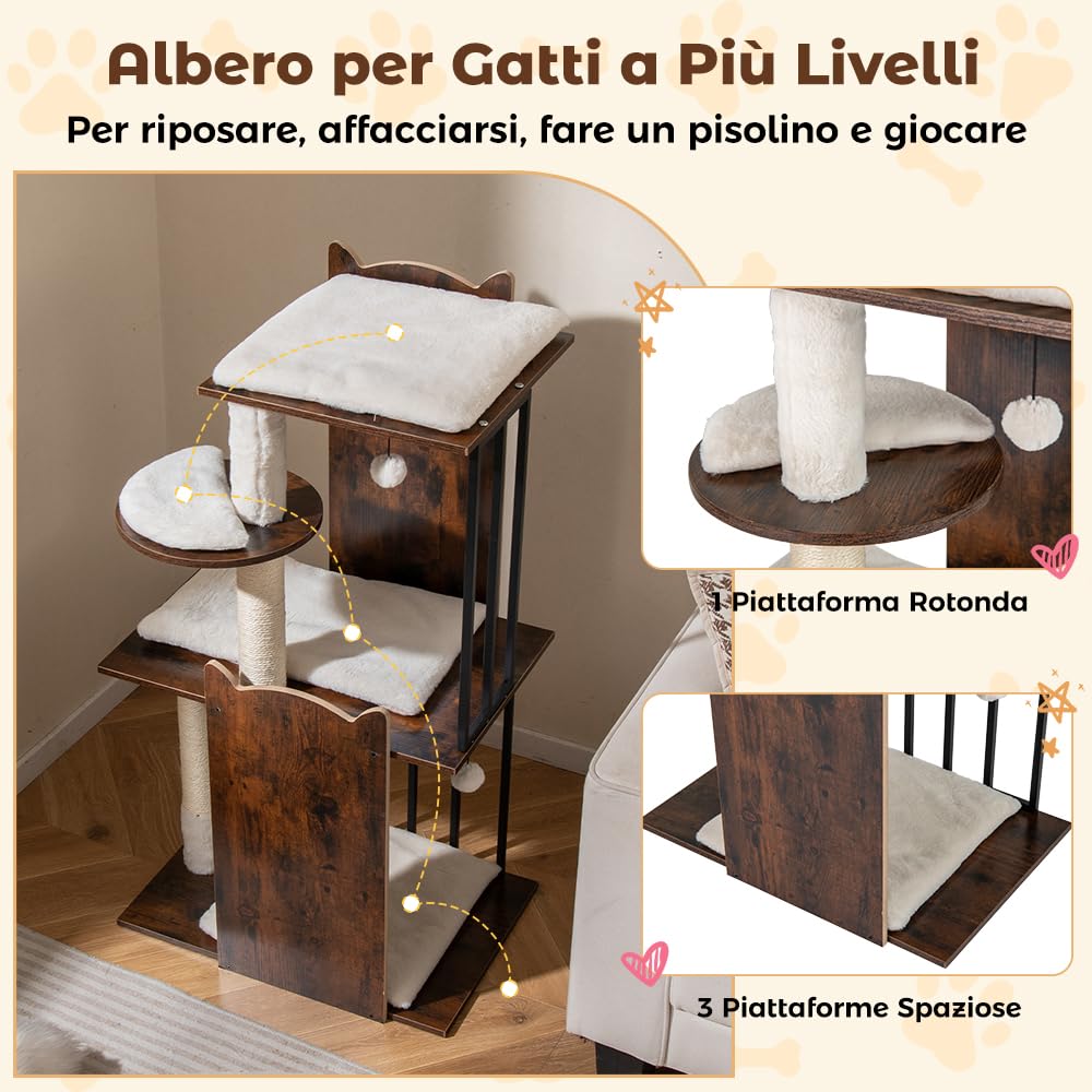 COSTWAY Albero per Gatti Alto 112 cm, Tiragraffi per Gatti in Legno con Posti a Grattare in Sisal, Palline Appese, Cuscini Morbidi Rimovibili e Lavabili, Tiragraffi Gatto per Arrampicata