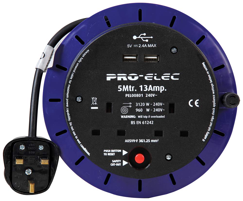 Pro Elec PEL00801 13A 2-Gang Cassette Reel mains Extension with 2x USB Charging Ports, 5 m