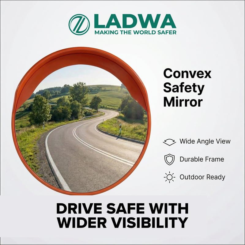 Image of LADWA 40-Inch Convex Mirror | Road Safety & Traffic Security Mirror | Unbreakable Polycarbonate Lens with Flat Back | Adjustable Mounting Bracket | Installation Kit with Nuts & Bolts Included