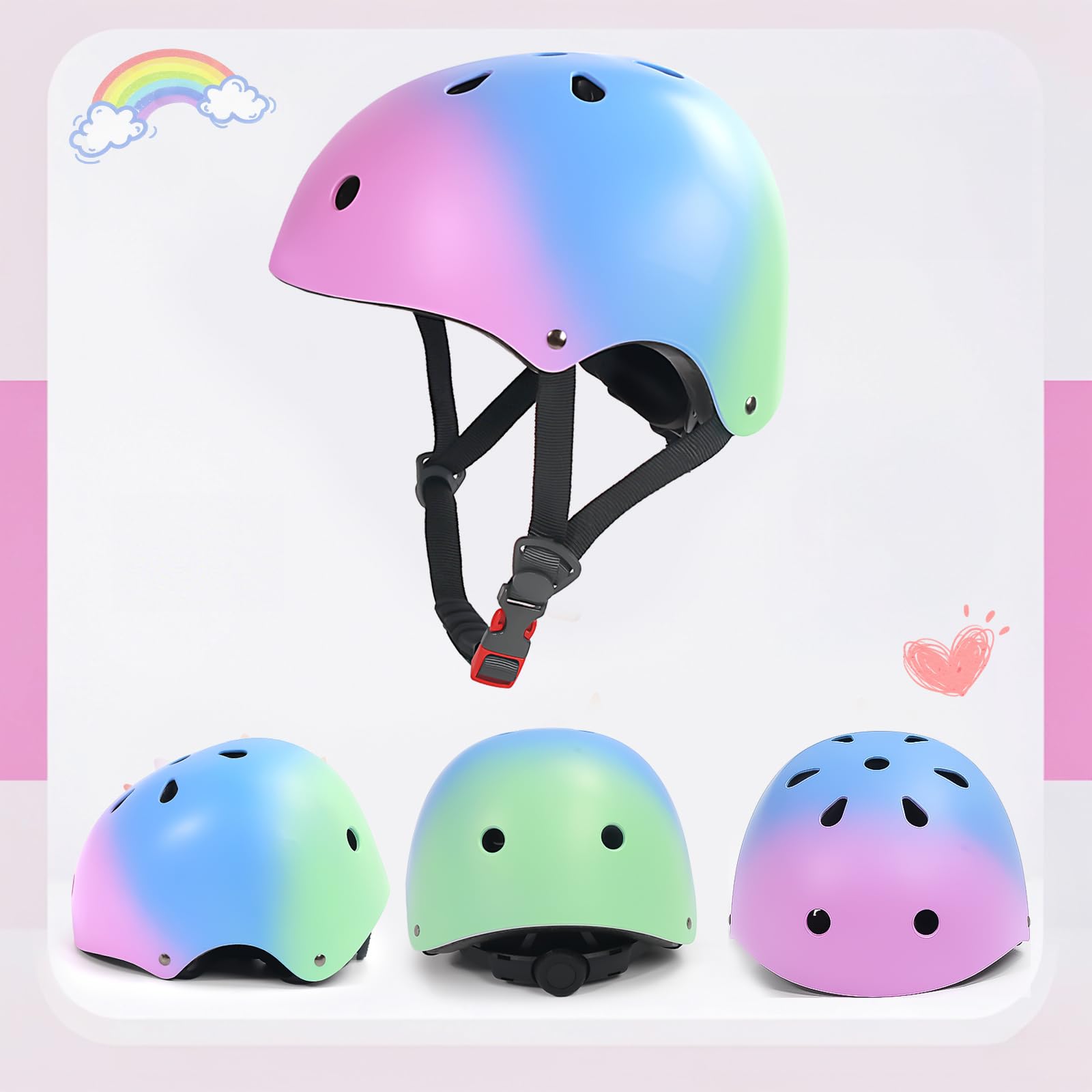 LANOVAGEAR Kask dziecięcy z ochraniaczami na kolana, ochraniacze na łokcie, nadgarstki, zestaw ochraniaczy, kask dziecięcy 7 w 1, do jazdy na deskorolce, rowerze, skuterze, deskorolce, deskorolce
