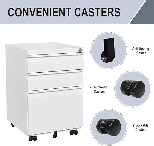 Miniatura 7 de Archivador de 3 cajones, archivador debajo del escritorio con cajones, archivador de metal, pequeño archivador debajo del escritorio, archivador