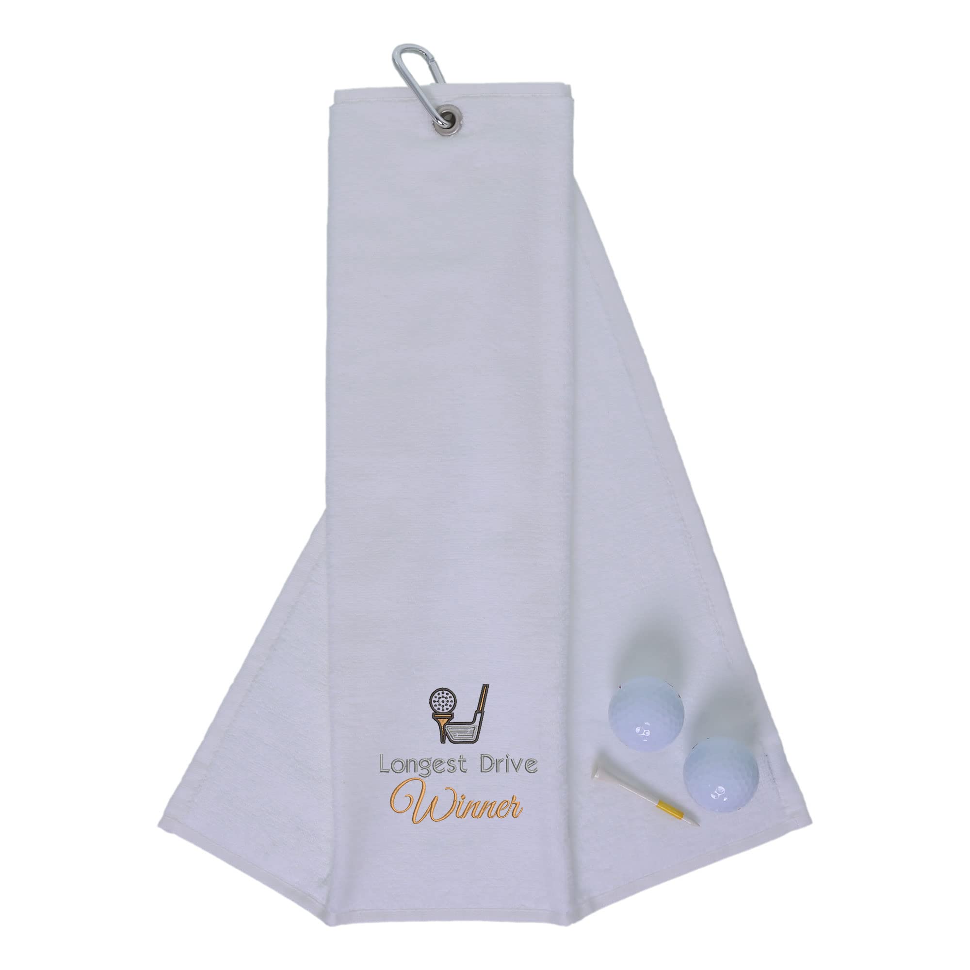 aztex Funny Trifold Golf Towel Golf Gift for Men, Carabiner Clip for Golf Bags, Golf Present, Longest Drive, White