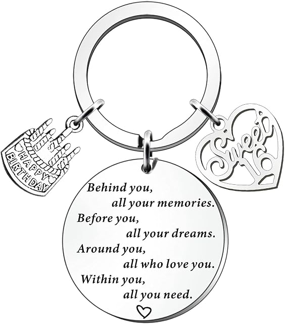 JETTOP 16th Birthday Keyring Gifts for Girls Teen Famale Sweet Inspirational Birthday Cake Key Ring Gift Behind You All Memories (16th Birthday Keyring)