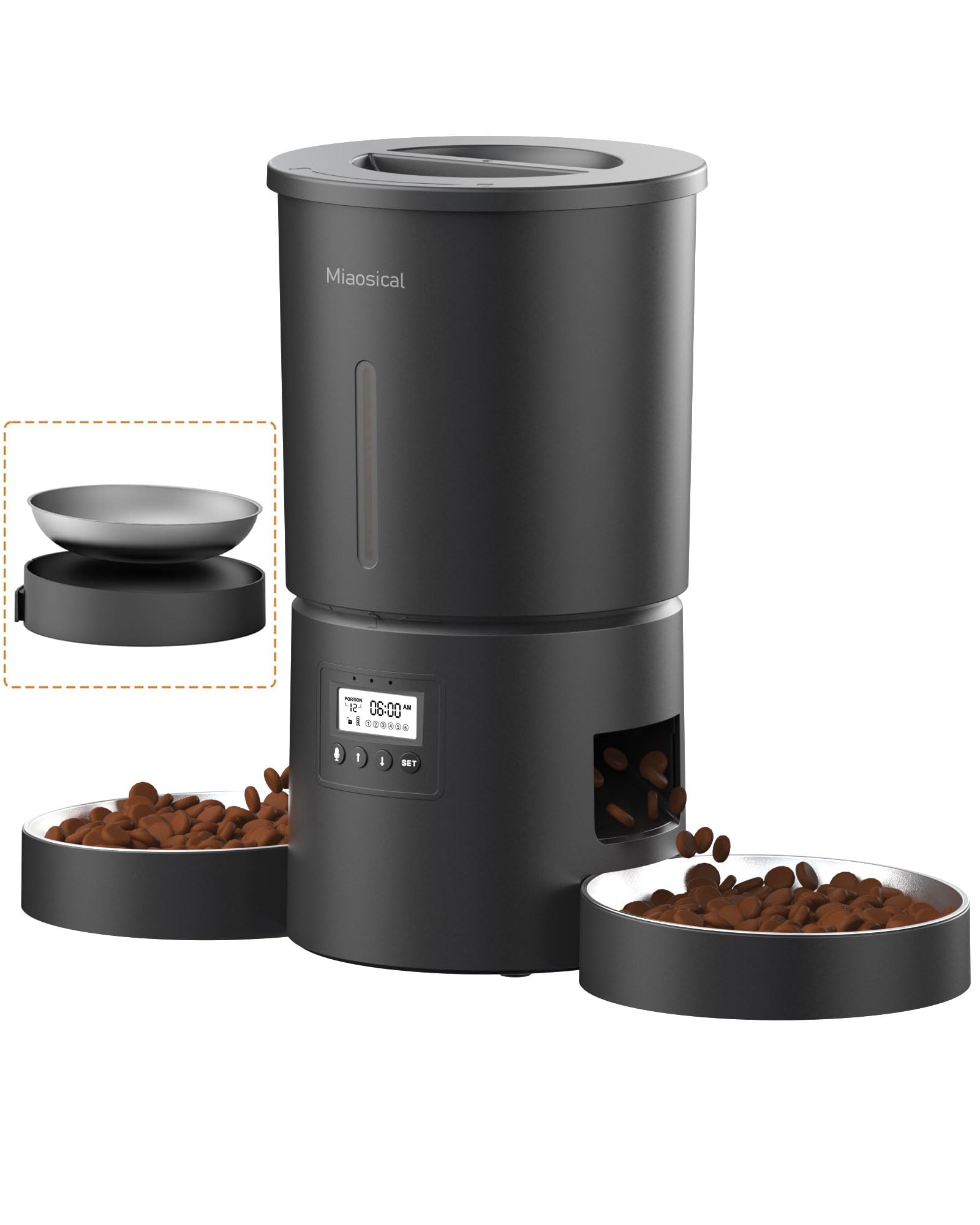 Automatic Cat Feeder 2 Cats,6 Meals/Day,12 Portions/Meal,4.2L Dual Power Double Bowls Feeder,Dry Food Auto Pet Dispenser,10S Voice Record,Flexible Schedule Timer (Black,Basic Dual Bowls)