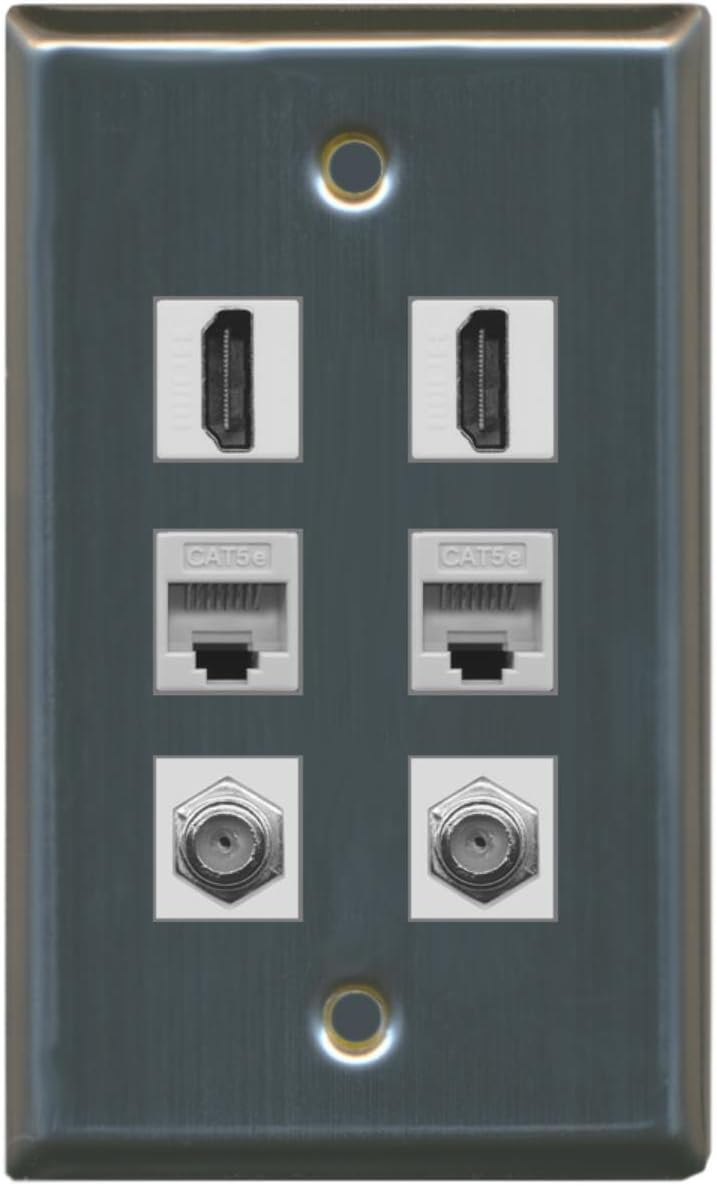 RiteAV - 2 HDMI 2 Port Coax Cable TV- F-Type 2 Port Cat5e Ethernet Wall Plate - Stainless Steel