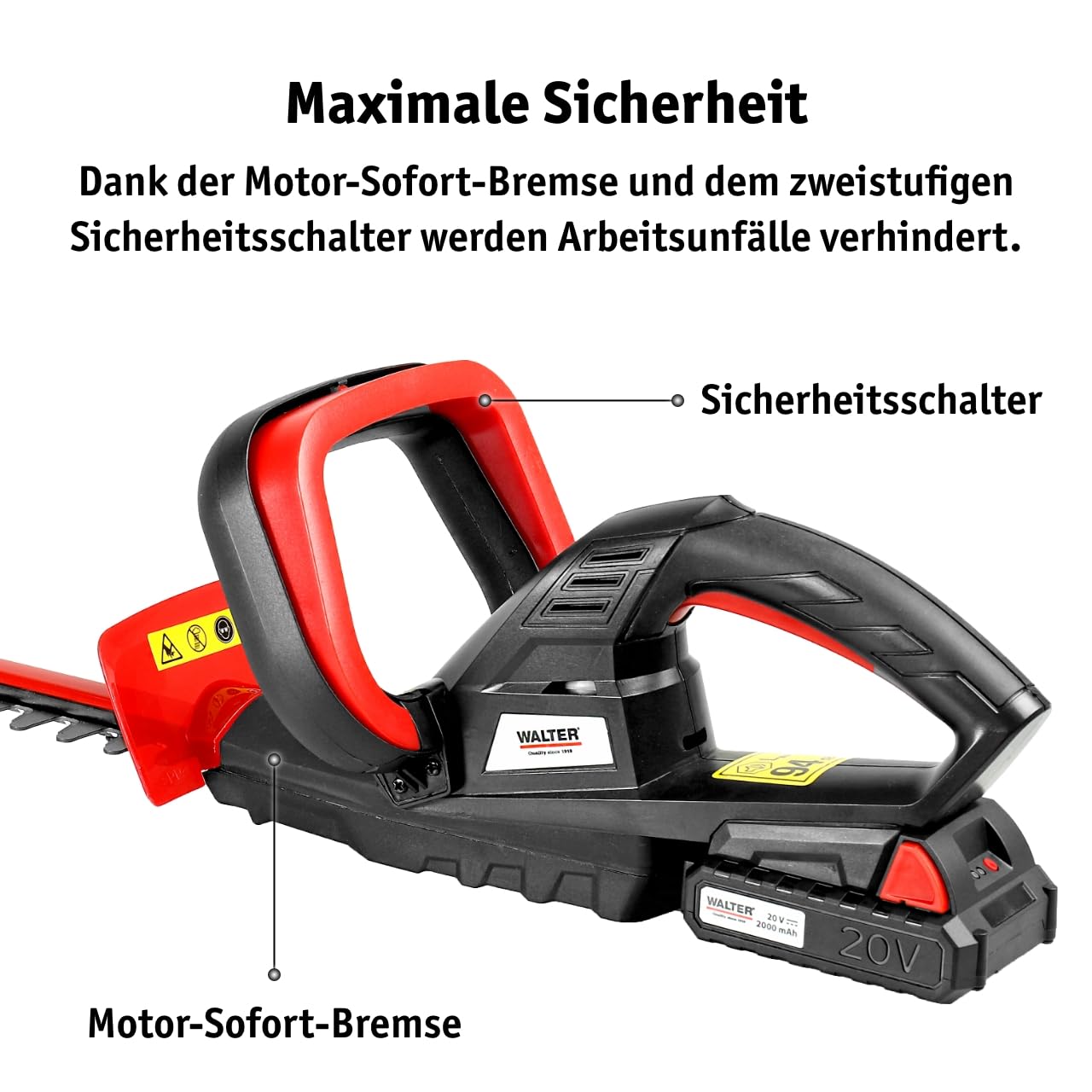 WALTER Li-Ion Akku-Heckenschere 20V, 45cm Schnittlänge | Zusatzhandgriff, Komfortables Arbeiten, schneidet präzise und ordentlich,Scharfes Metall Messer,längere Gartenarbeit geeignet