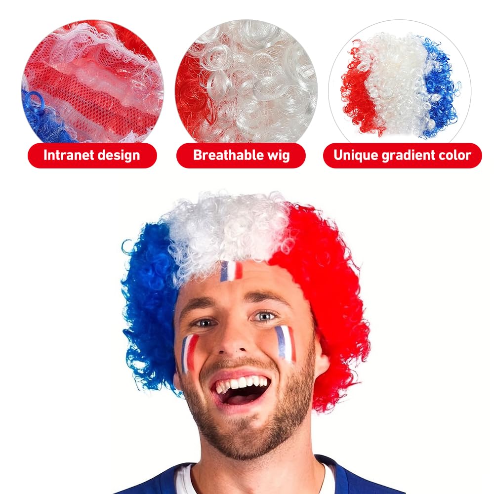 12 Pièces Kit Supporter Equipe de France, 1 Bandeau Perruque + 4 Couronne + 2 Autocollants Visages + 1 Lunettes + 1 Broche + 2 Tenant Un Petit Drapeau + 1 Sifflet