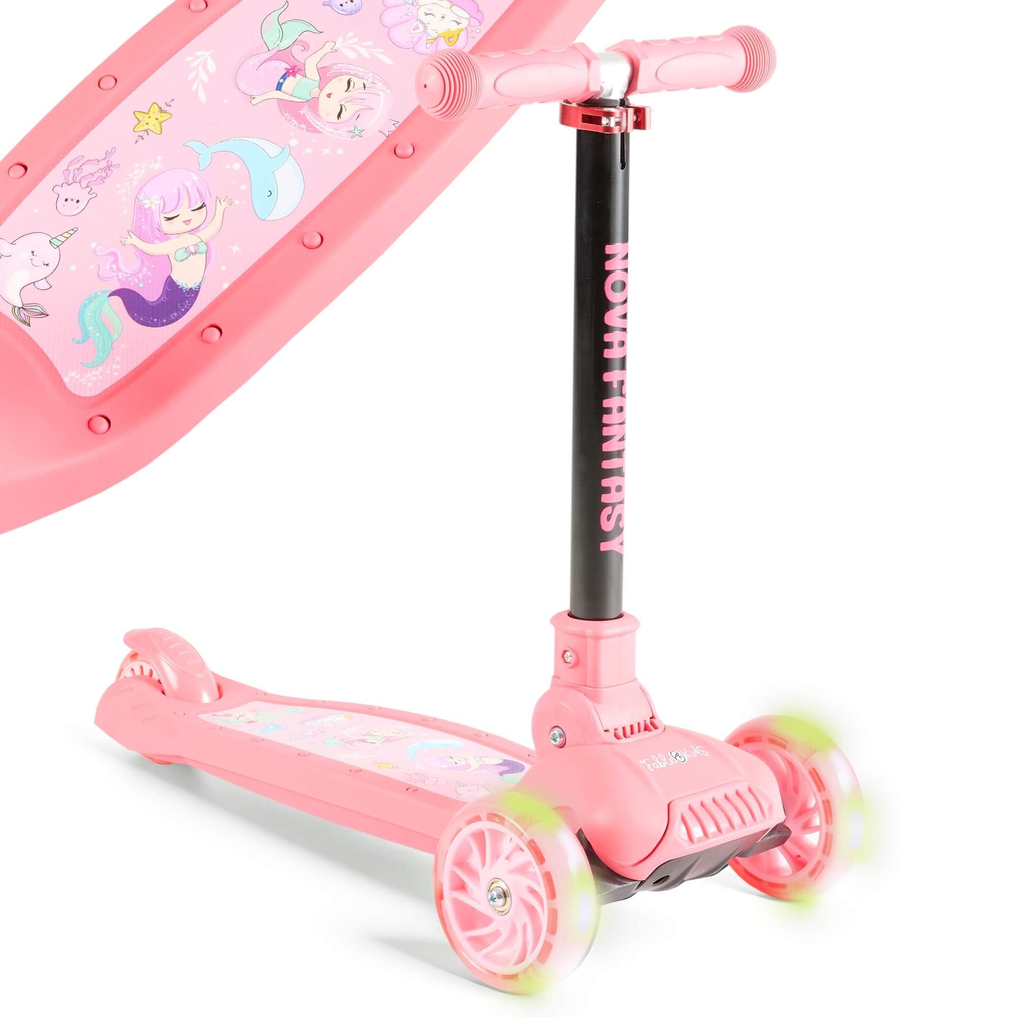 FableKids Kinderscooter Cityroller Tretroller Scooter höhenverstellbar | klappbar | LED-Räder | Tritt-Bremse | für Kleinkinder ab 3 Jahren | bis 50 kg belastbarer Roller | Kickroller
