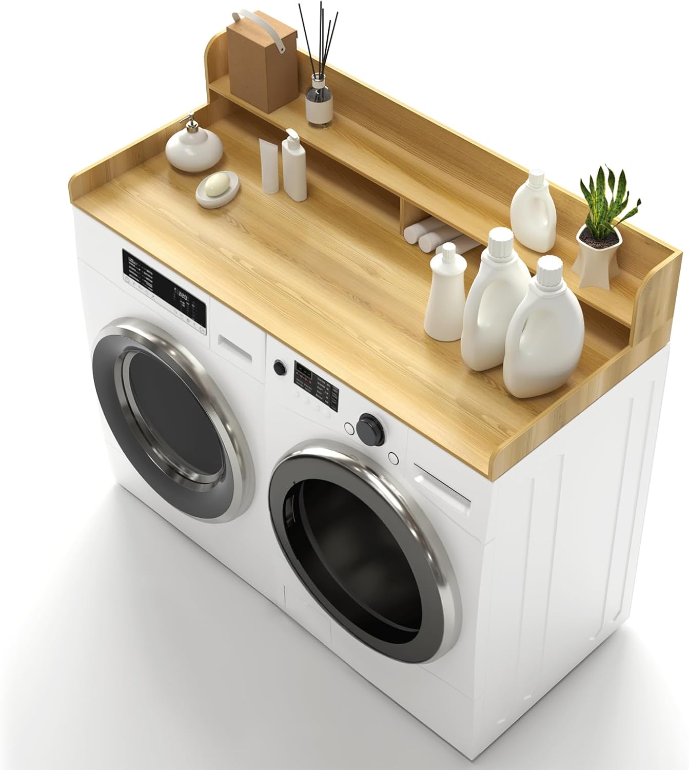 Natural Wood Laundry Countertop with Metal Shelf and Guardrails