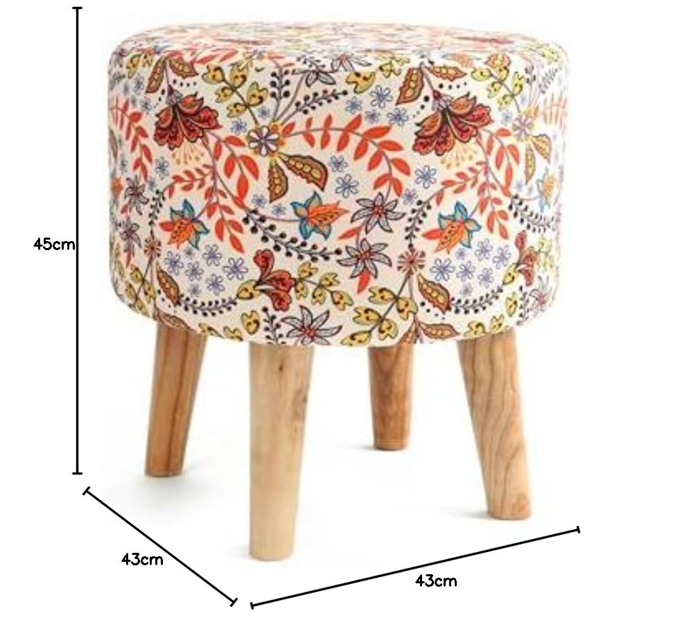 Image of NACIA Velvet Printed Ottoman Chair with Stool Combo | Dressing Table Chair for Bedroom Makeup Room Decor | Modern Upholstered Ottoman with Wooden Legs for Living Room (18x18x32 Inches, Pinkk Leaf)