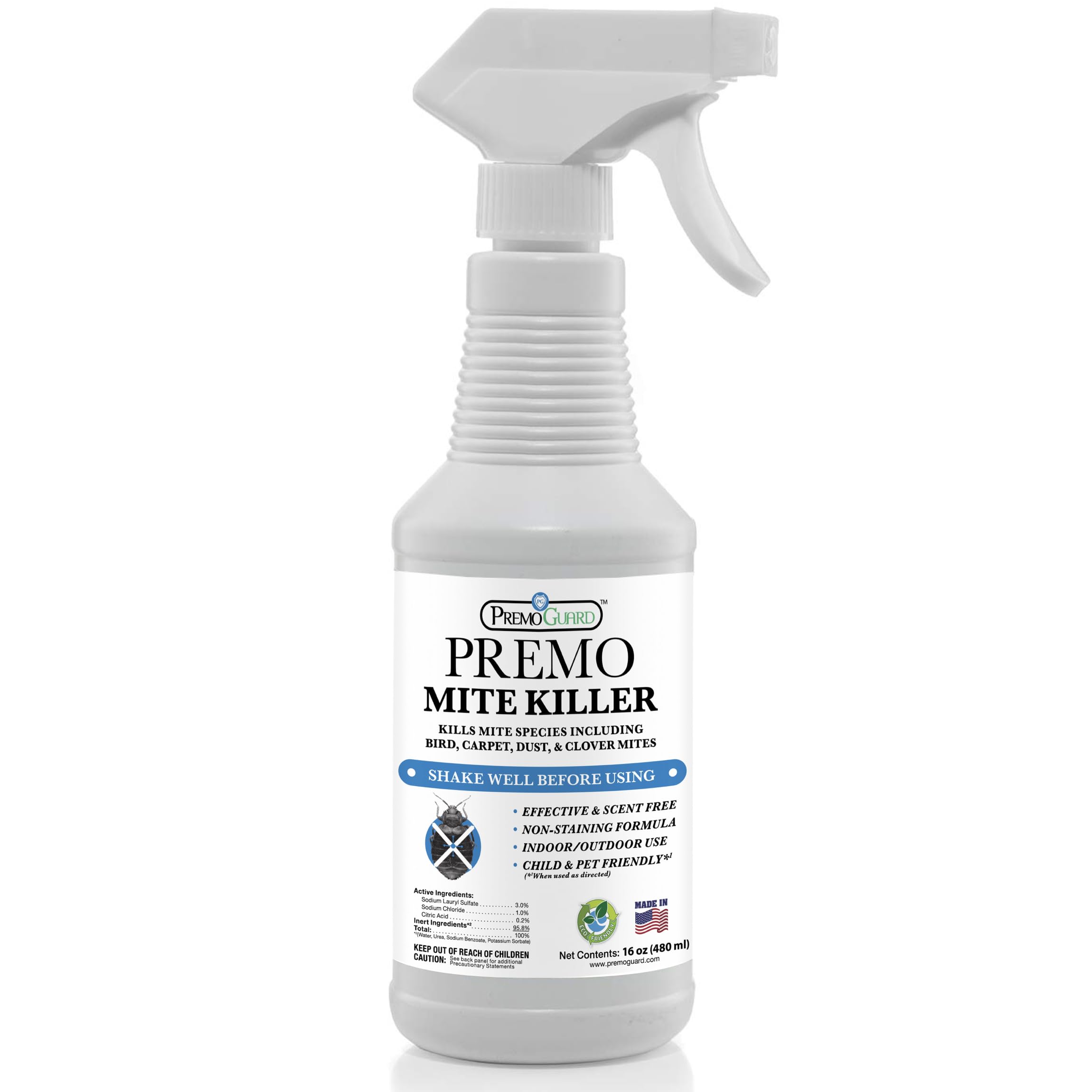 Premo Guard Mite Treatment Spray – 16 oz – Kills Dust, Scabies, Spider, Carpet, Bird, Mouse & Rat Mites in Home, on Furniture, Bedding – Natural Non-Toxic 100% Effective – Child & Pet Safe