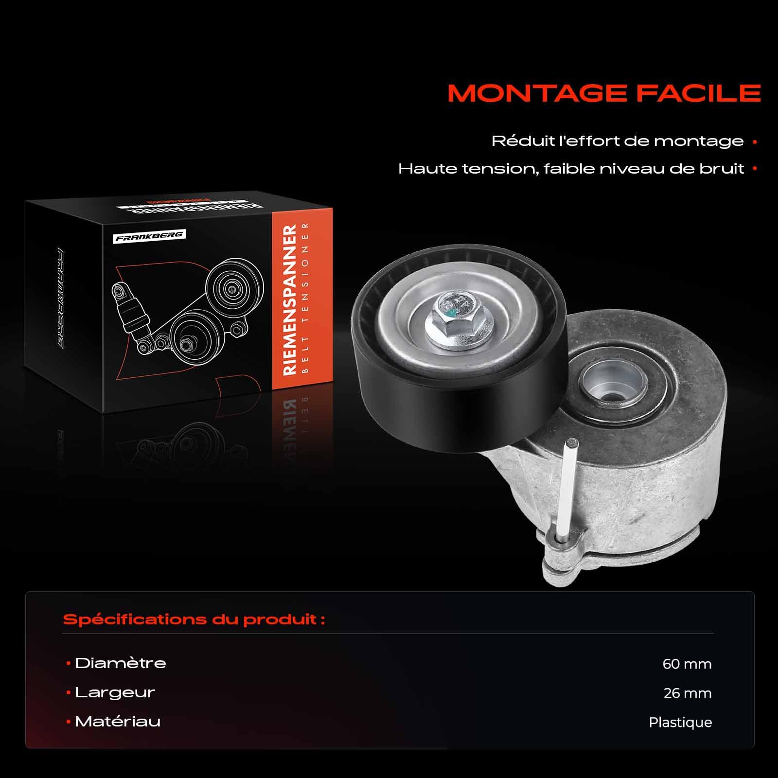 Frankberg Tendeur Courroie trapézoïdale à Nervures Compatible avec Partner Breakspace 5 G 1.6 HDi 90 Expert Remorque 1.6 HDi 90 16V 407 6D 1.6 HDi 110 407 SW 6D 6E 1.6 HDi 110 Remplacer# 1611424880