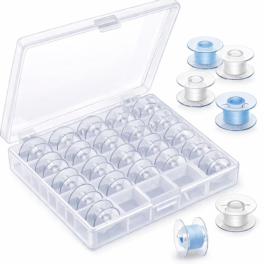 Redvant 25pcs Transparent Bobbins with Storage Box – Compatible with Usha, Brother, Singer, Janome | Plastic Sewing Machine Bobbins for Tailoring & DIY Craft | Clear Bobbin Set-image-1