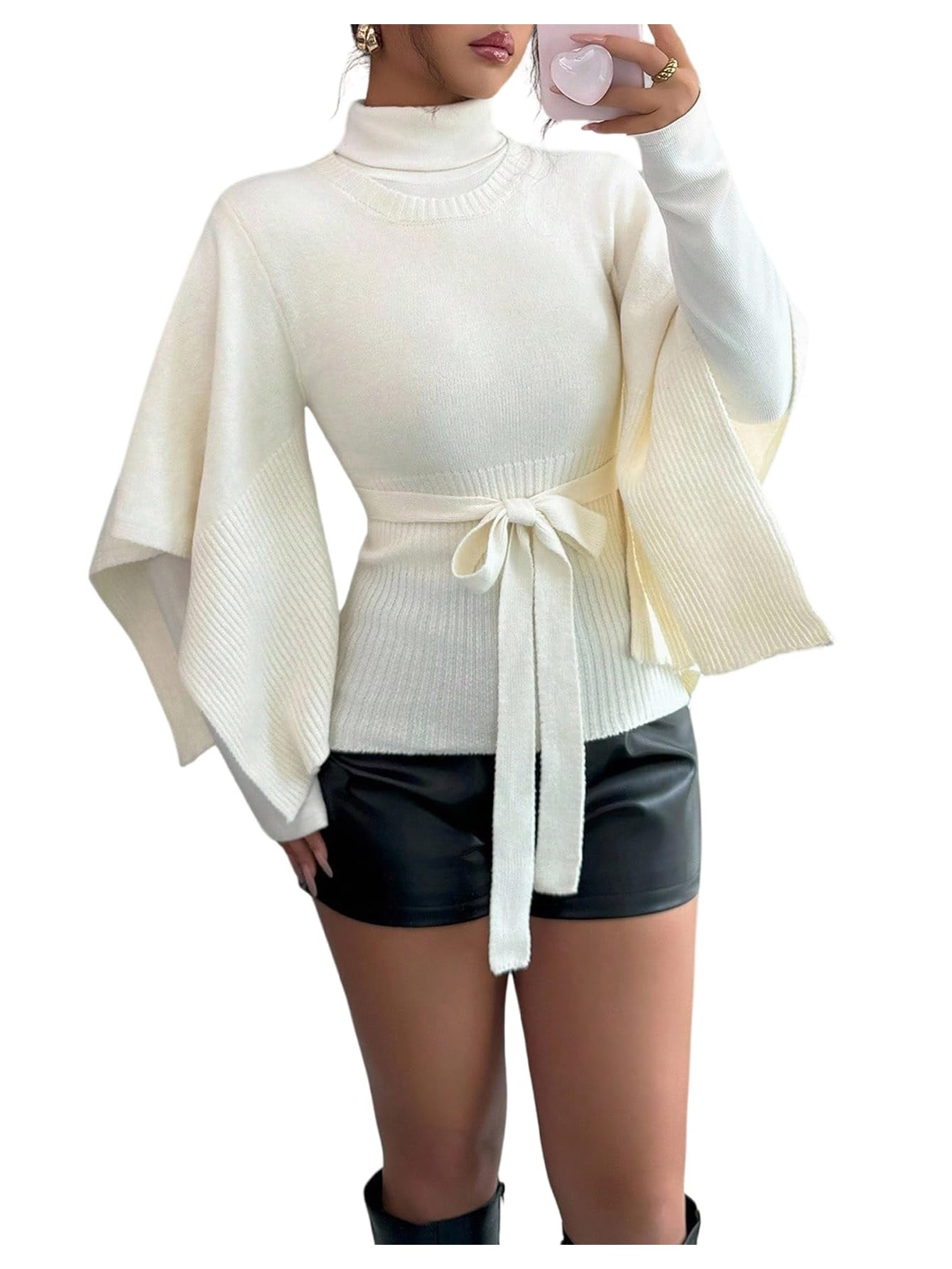 MakeMeChic Womens Winter Business Office Bell Sleeve Sweater Tie Front Crew Neck Rib Knitted Pullover Tops