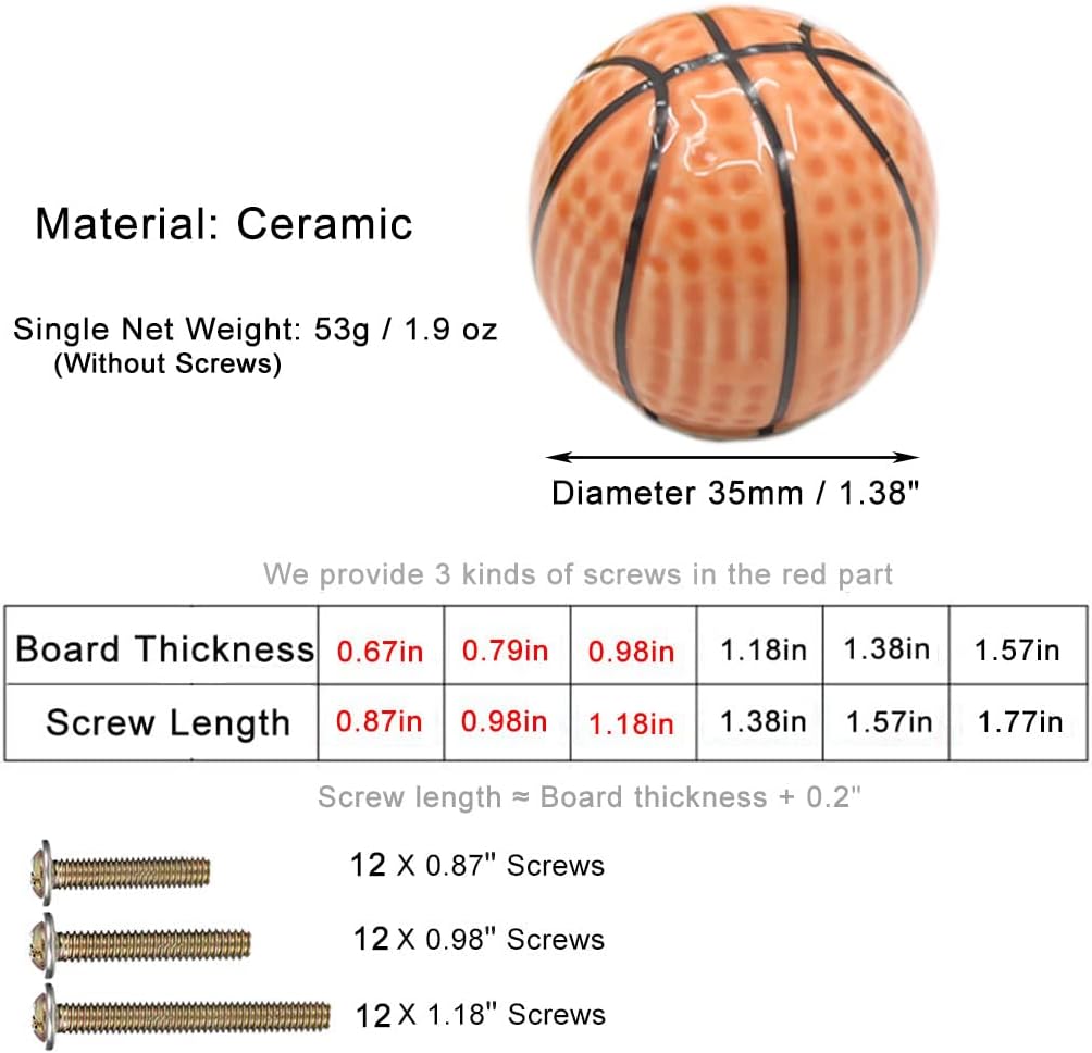 Heavy Ceramic Basketball knobs Ball Knobs, 12 Pcs Ball Sports Party Theme Children and Baby Home Decor Drawer Knob Pull Handle for Dresser Cupboard Wardrobe Cabinet Kitchen (12, Basketball-o)