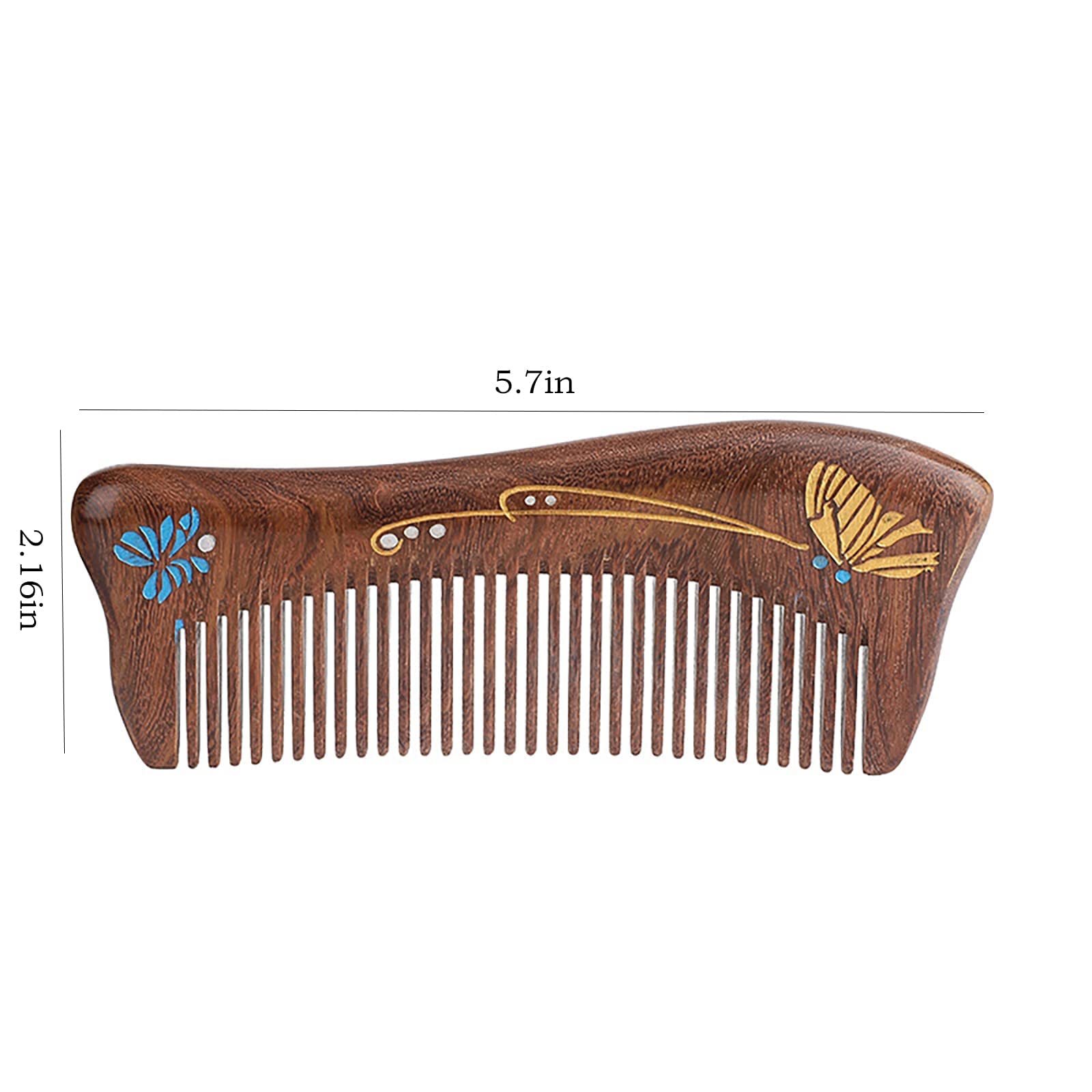 Peine de madera de sándalo, hecho a mano, peine de madera de sándalo, antiestático, peine de pelo de dientes finos para mujer, peine para barba, buen regalo (mariposa pintada)