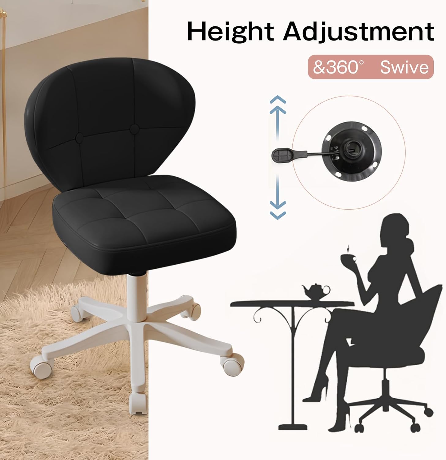 Small Office Chair with Lumbar Support, PU Leather Armless Swivel Desk Chair Adjustable Height, Compact Rolling Chair for Home Office, Bedroom, Study Black Set of 2