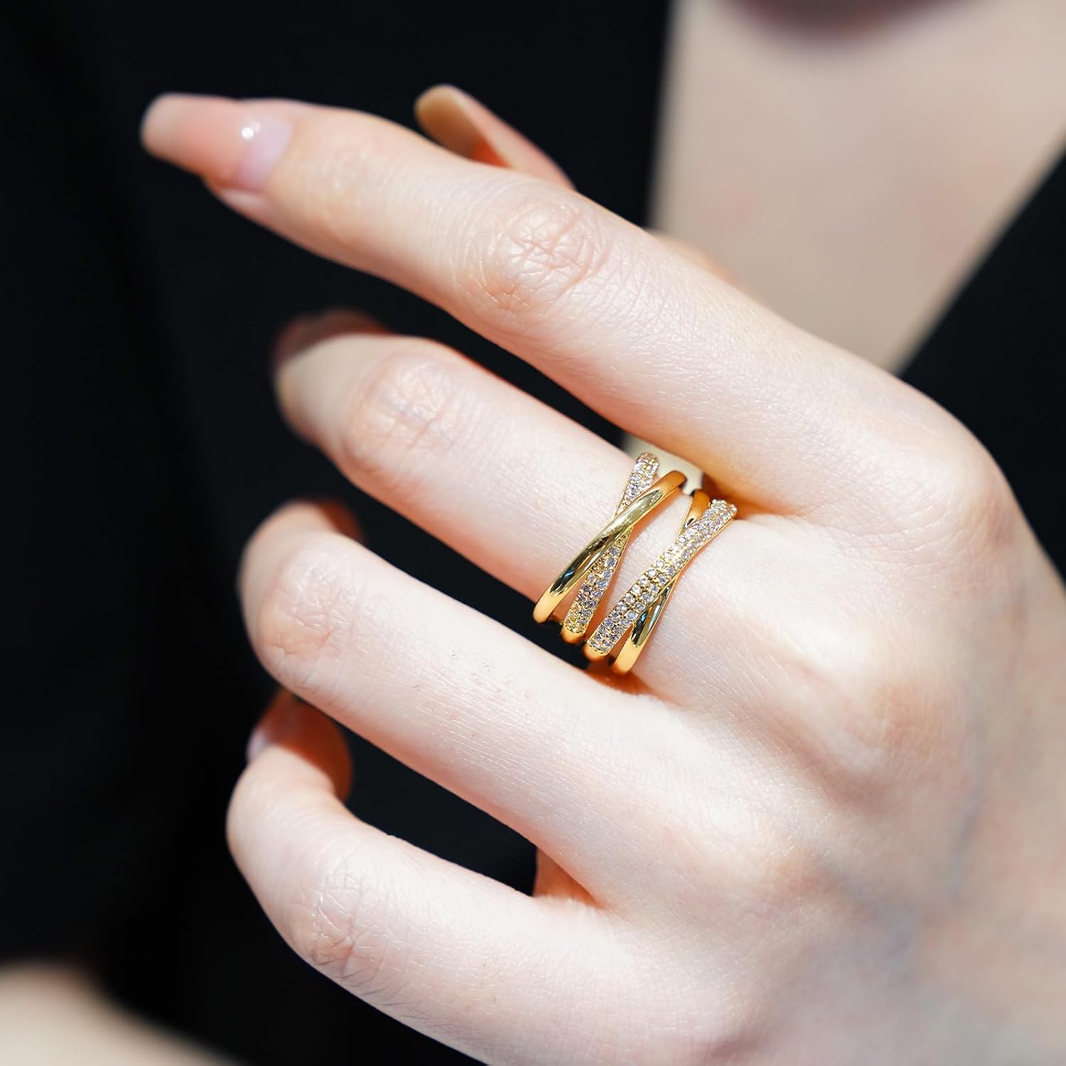 Aura & Irena 18K Gold/Platinum Plated Wide Band Rings for Women - Adjustable Thick Statement Rings with Cubic Zirconia, Non-Tarnish Cocktail Rings, Valentine's Day gifts
