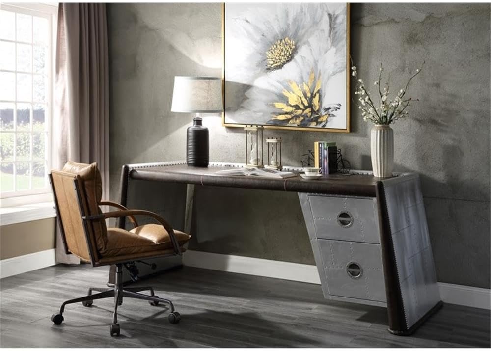 Acme Brancaster Desk in Distress Chocolate Top Grain Leather and Aluminum