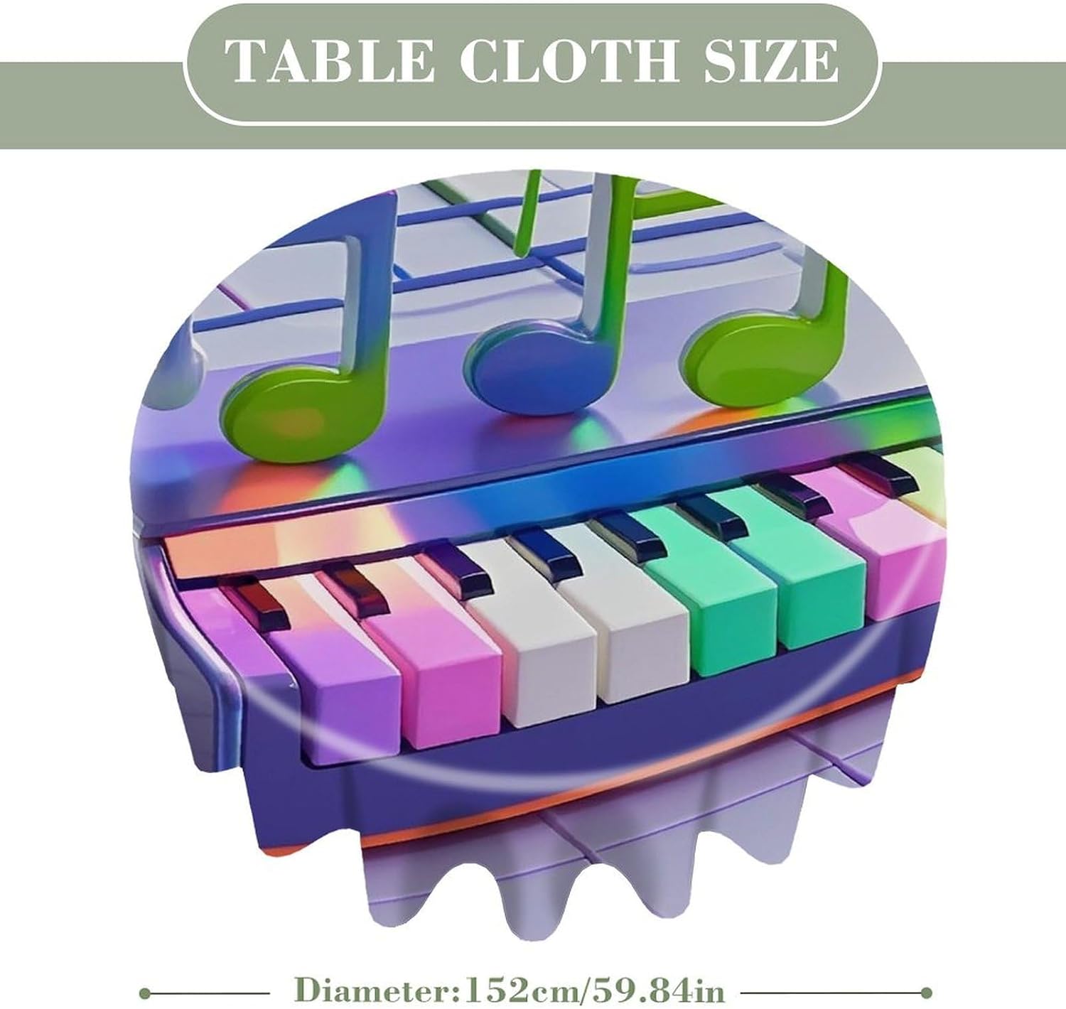 Colorful Piano Keyboard Music Note Round Tablecloths Decorative Fabric Table Cover Cloth Washable Circle Tablecloths Country-Style Folding Table Cloths for Dinning Cafe Party 60" image 2