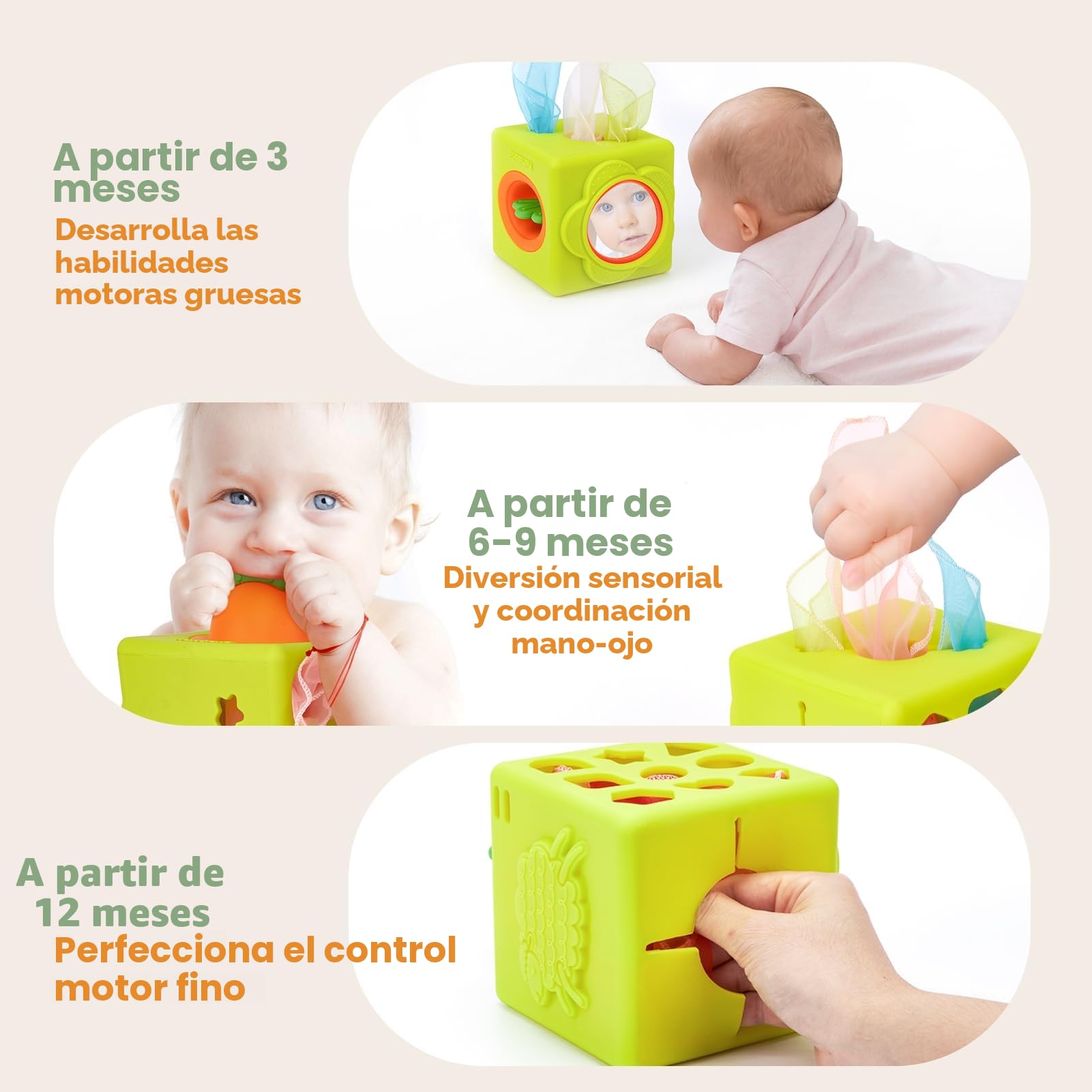 hahaland Juguetes Bebes 6-12 Meses - Caja Pañuelos de Silicona con Pop-up Interactivo, Espejo - 6 in 1 Cubo Actividades Montessori Bebe 6 Meses Regalo 1 año