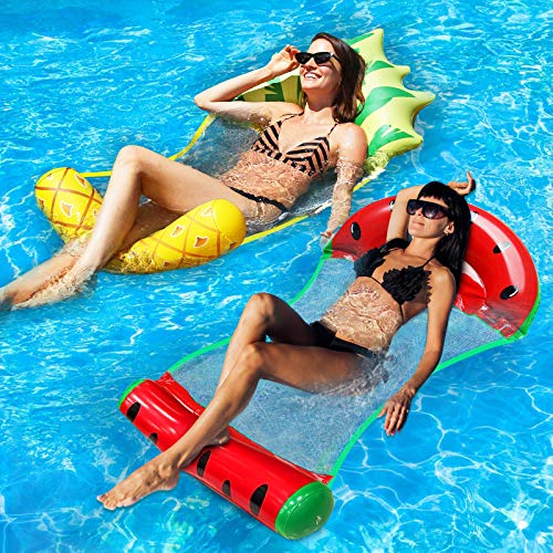Camlinbo 2 Pack Adult Swimming Pool Float Water Hammock Lounger, Multi Purpose Comfortable Inflatable Water Float Pool Lounge, Pineapple Watermelon Swimming Pool Float Hammock Raft
