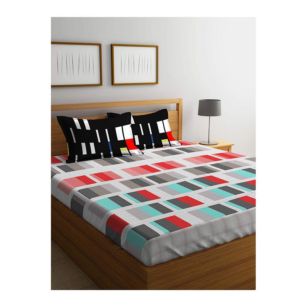 Portico Check Cotton Double Bed Sheet with Pillow Cover (Multicolour