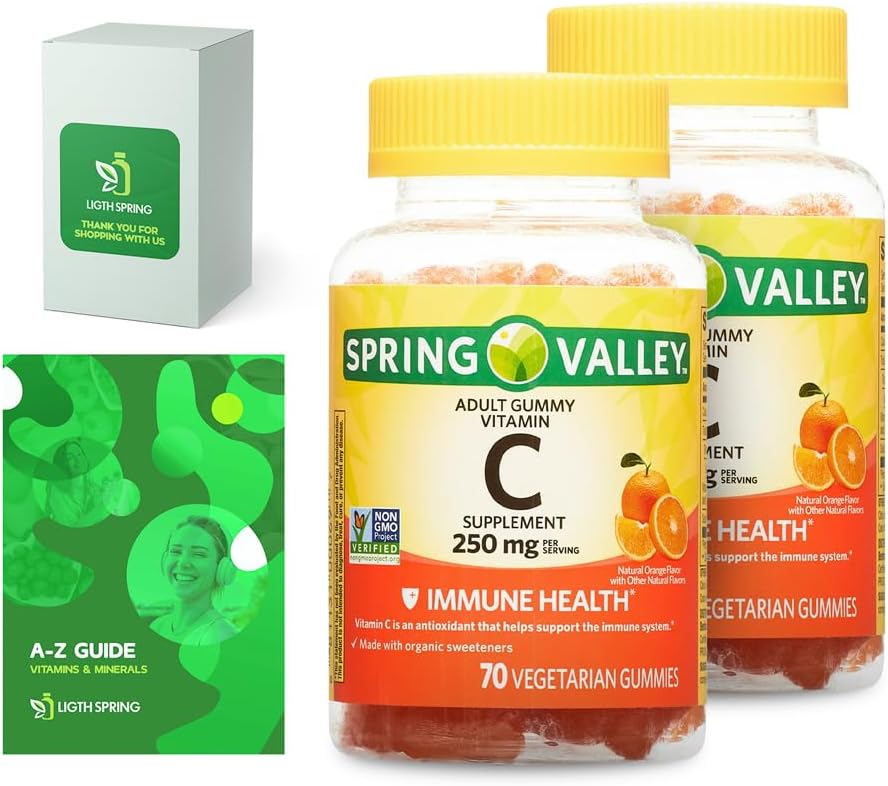 Spring Valley Vegetarian Vitamin C Gummies for Adults, 250 mg, 70 Ct (2 Pack) Bundle with Exclusive Vitamins & Minerals A to Z - Better Light&Spring Guide (3 Items)