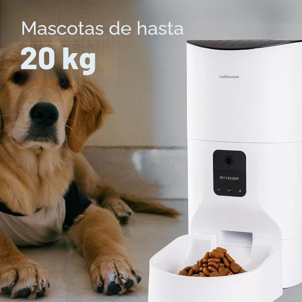 Mellerware - Comedero Automático Petto!Eat 9L | Cámara HD | Grabación Voz | Dispensador Comida App WiFi 2.4GHz | Apto Lavavajillas | Programable | Perros Gatos Animales Mascotas