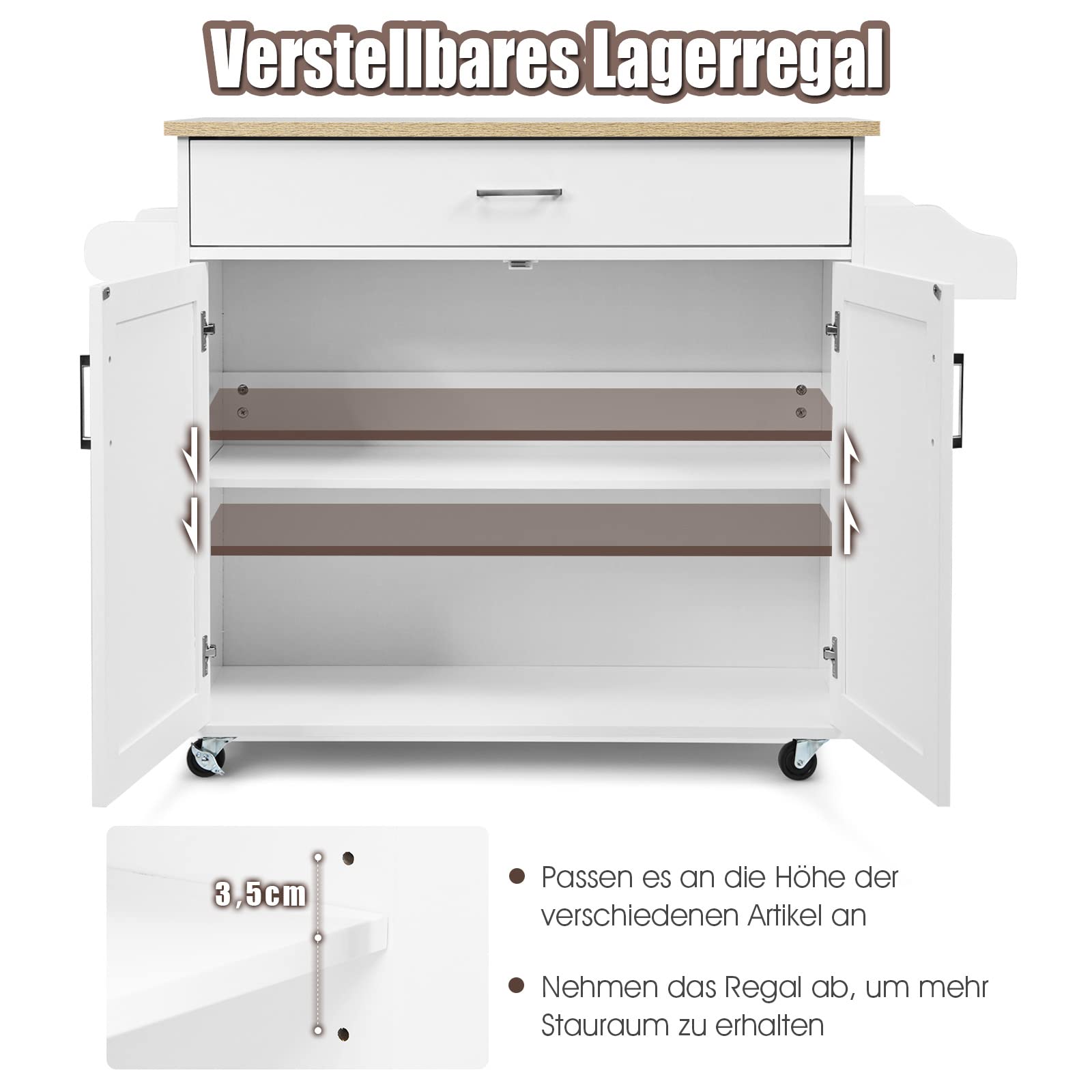 COSTWAY Küchenwagen mit Handtuchhalter und Gewürzboard, Kücheninsel mit Schublade und höhenverstellbare Ablage, Küchenschrank rollbar, Servierwagen aus Holz, Kücheninselwagen (Weiß)