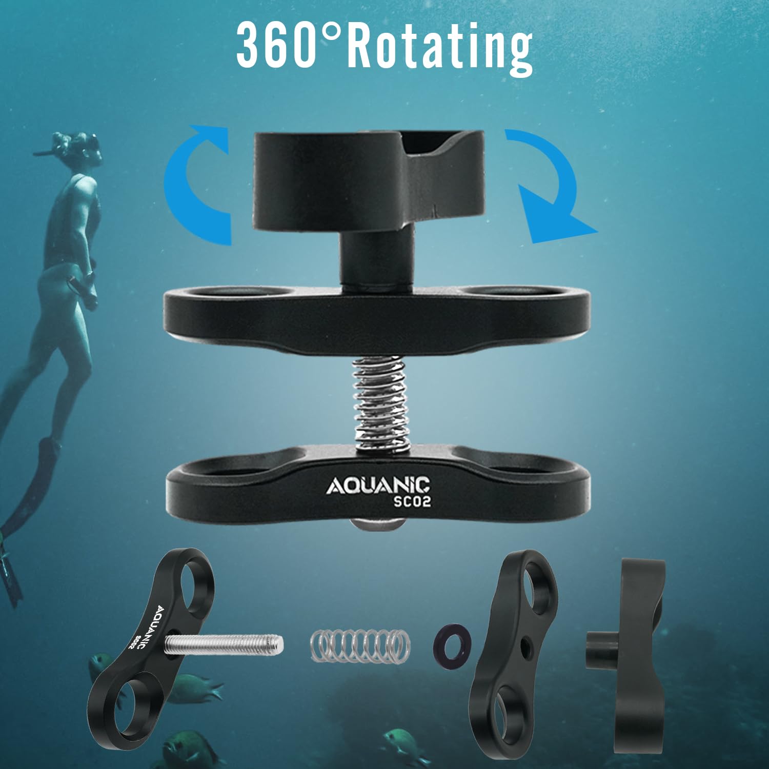 Support de serrage à boule standard de 2,5 cm, support adaptateur à clip à 360° pour système de bras de lampe de plongée sous-marine, système de bras de lampe de poche, appareil photo, appareil photo