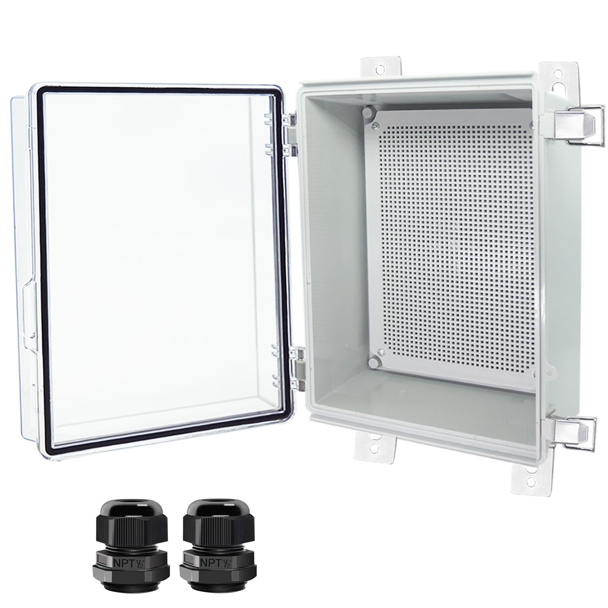 Otdorpatio IP67 Waterproof ABS Project Box, Stainless Steel Latch, Clear Cover, 2 PG21 Cable Glands, Includes Mounting Plate & Wall Brackets — image 1