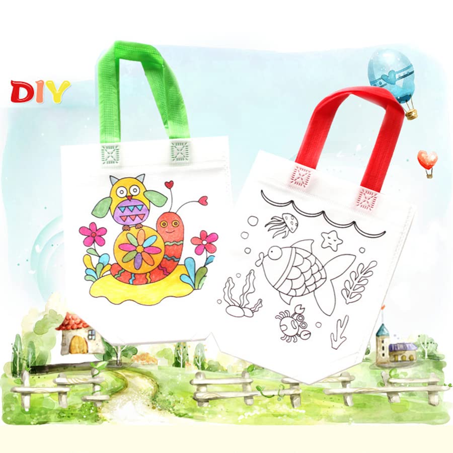 Sonwaha Kit 28 Pezzi: 6 Buste Di Tela Da Colorare Per Bambini + 18 Pennarelli + 4 Stencil – Attività Creativa Fai Da Te Per Feste E Scuola - 2