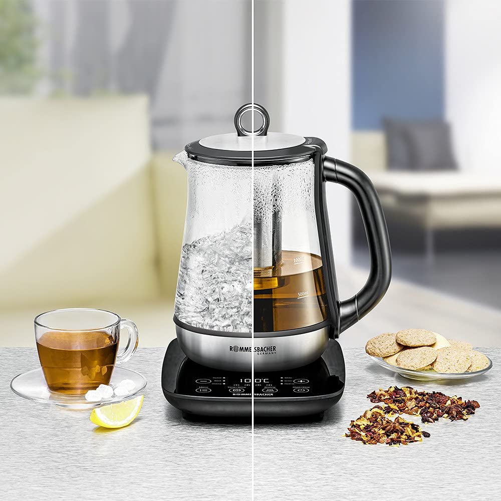 ROMMELSBACHER Tee- und Wasserkocher TA 2000-6 Programme, Temperaturregelung von 50-100 °C, Schnellstart-Taste, Ziehzeit bis 10 Minuten, Warmhaltefunktion, Glaskanne, Edelstahl-Teesieb, 2000 Watt