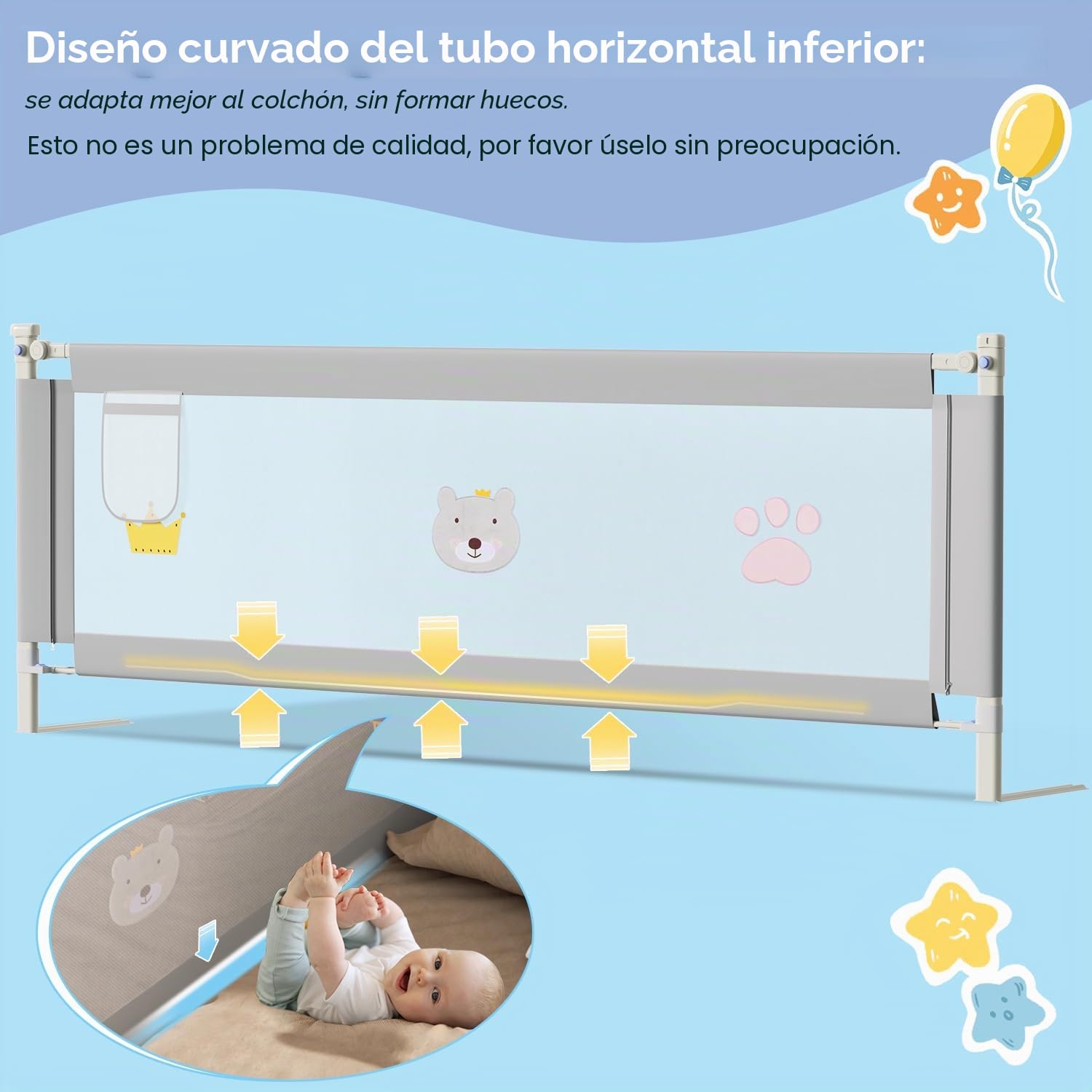 Ikodm Barrera de cama de 150 cm, protección contra caídas, barandilla de cama para niños y camas de matrimonio, altura ajustable de 70-98 cm, estable, gris