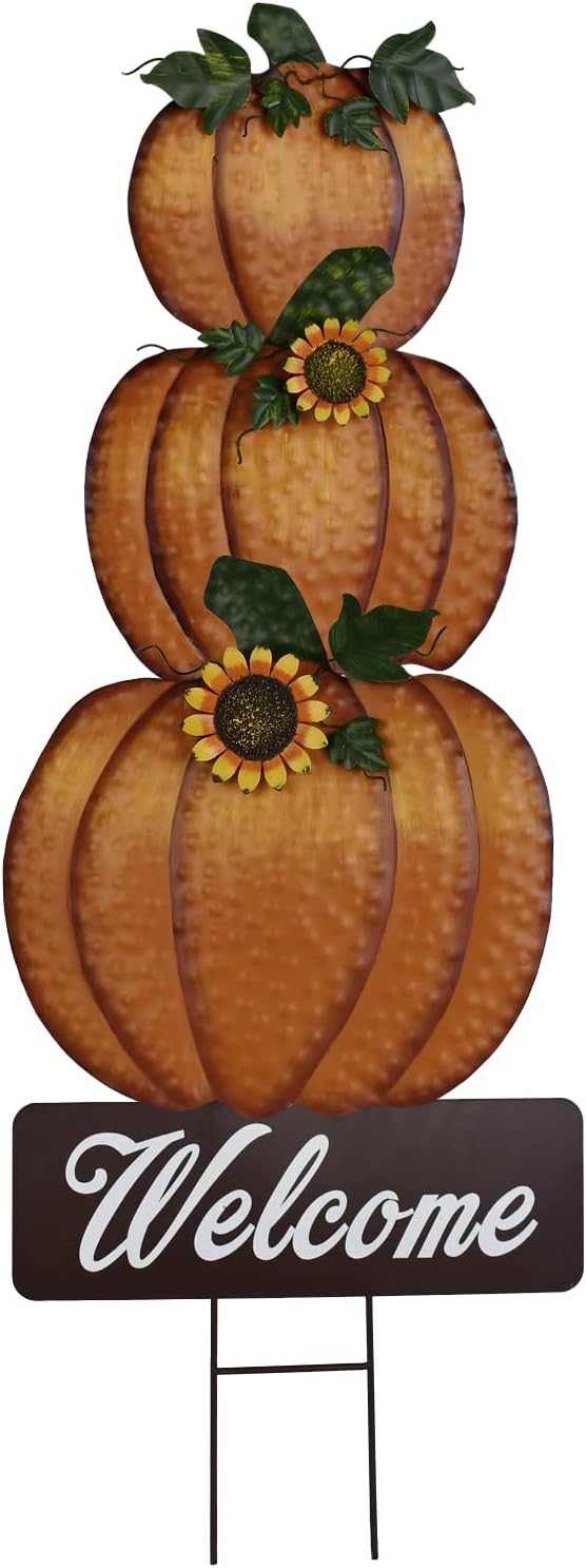 Veclotch Metal Pumpkin Garden Stake Welcome Yard Sign Fall Decor, Fall Pumpkin Yard Decorations with Stake Outdoor Lawn Decor for Autumn Harvest Thanksgiving Halloween Decoration, Orange (2056fh-ve)