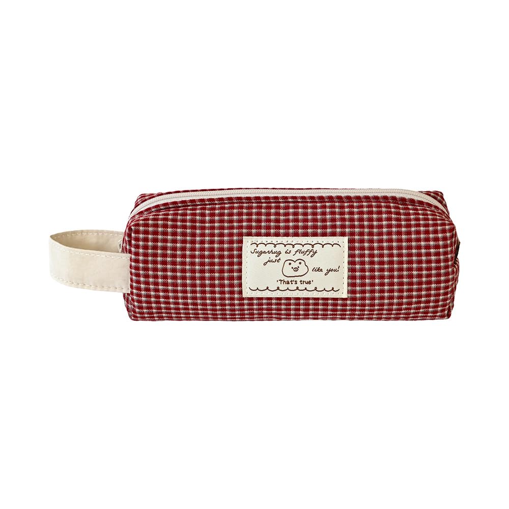 Monolike Unmatched Friends Fabric Check Block Pencil Case, Vintage red - Aesthetic Gingham Pastel Desk Organizer, Soft Padded Makeup Brush Case, Trendy Minimalist Stationery Pouch