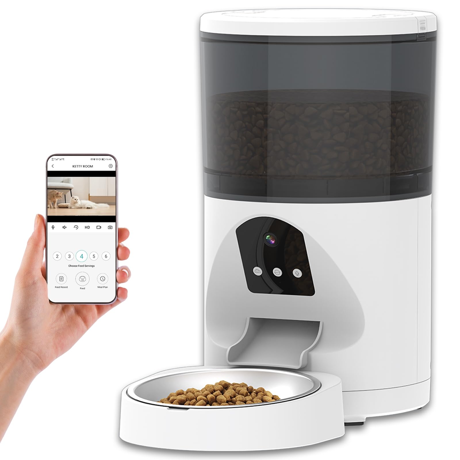 Comedero Gato Automatico con Cámara HD de 3 MP, 6L Dispensador Comida Perros con 2.4G WiFi App, Visión Nocturna, Voz Bidireccional, Comedero con Cuenco de Acero Inoxidable para Gato Perro Mascota