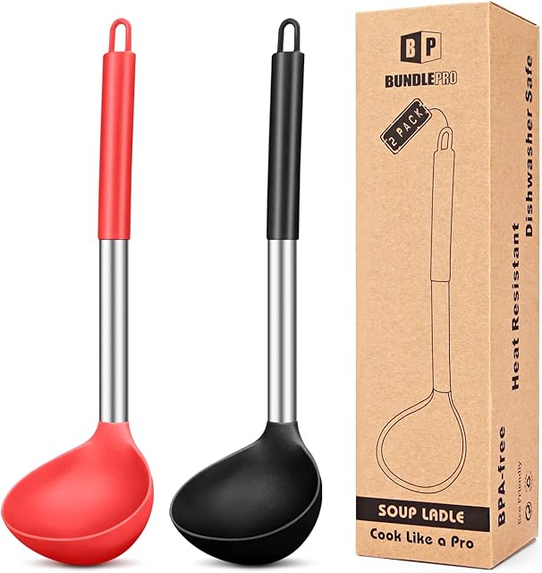 Pack of 2 Ladle Spoon,Silicone Large Spoons for Soup,Non Stick Kitchen Utensils with High Heat Resistant ,BPA Free Perfect Kitchen Tools for Cooking, Stirring ,Serving Soups (Black-Red)