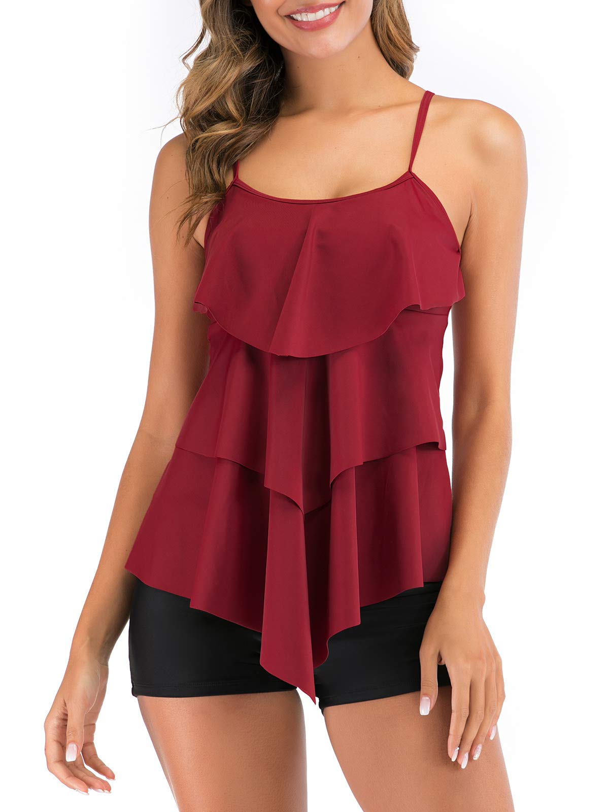 FLYILY Damen Zwei Stücke Tankini Rüschen Volant Geschichtet Bademode mit Boy Legs Shorts Rüschen Große Größen Bademode Badeanzug