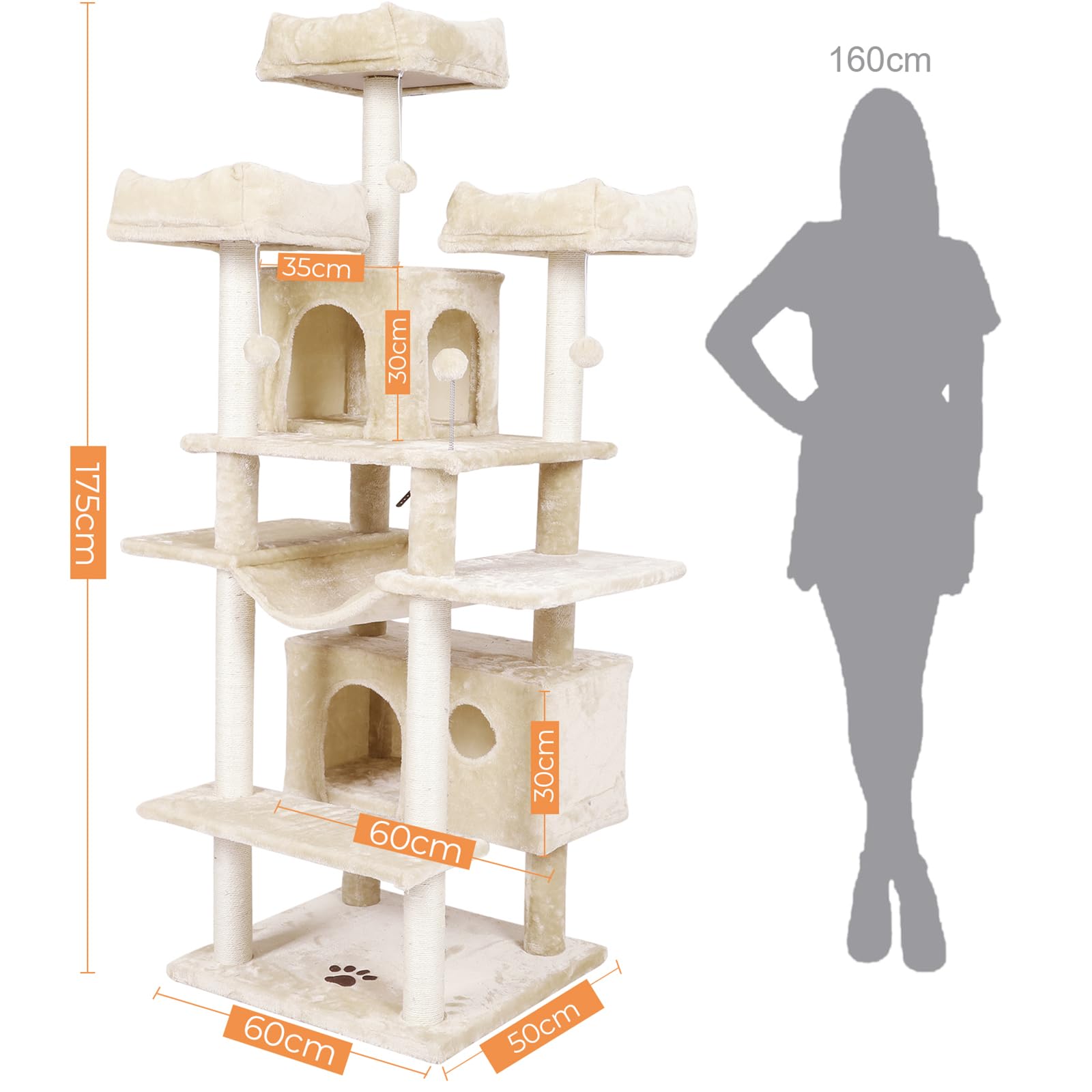 MSmask Árbol rascador grande XXL, 175 cm, estable, con 3 grandes plataformas, barras de sisal (beige)