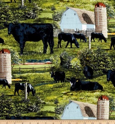 1/2 Yard - Black Angus Cows Farm Scenic Cotton (Great for Quilting, Sewing, Craft Projects, Throw Pillows & More) 1/2 Yard x 44"