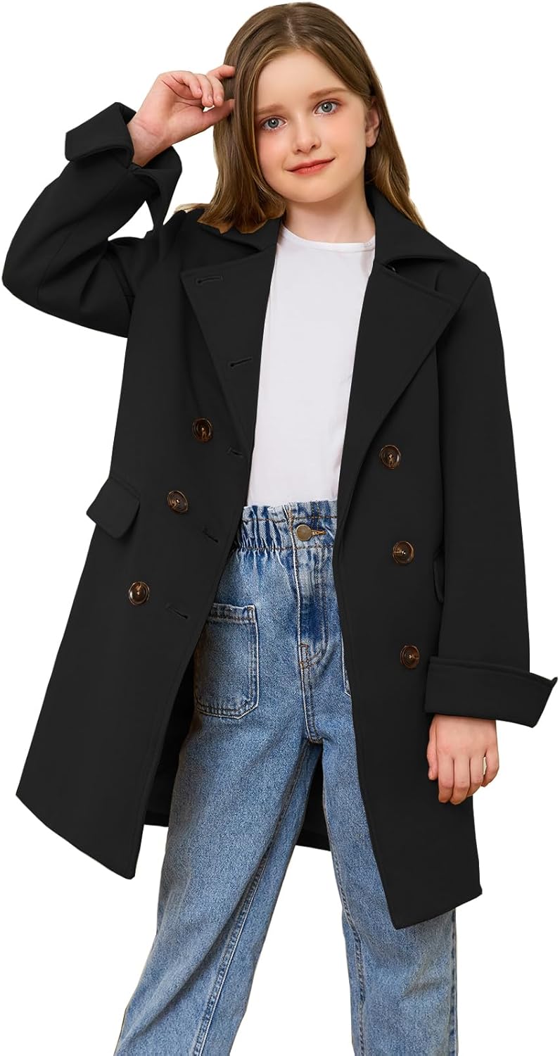 Girls Coat Double Breasted Notched Collar Wool Blend Long Trench Coat Winter Warm Peacoat Dress Coat with Pockets - Image 3