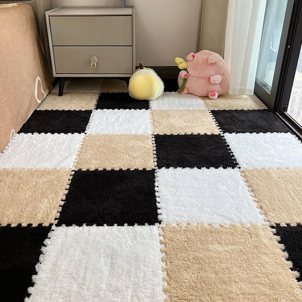 12pcs Carpet Squares Puzzle Floor Mat, Plush Interlocking Carpet Tiles, Anti Slip EVA Foam Jigsaw Floor Tiles, Build A Safe Area for Bedroom Playroom (White+Beige+Black) — image 1