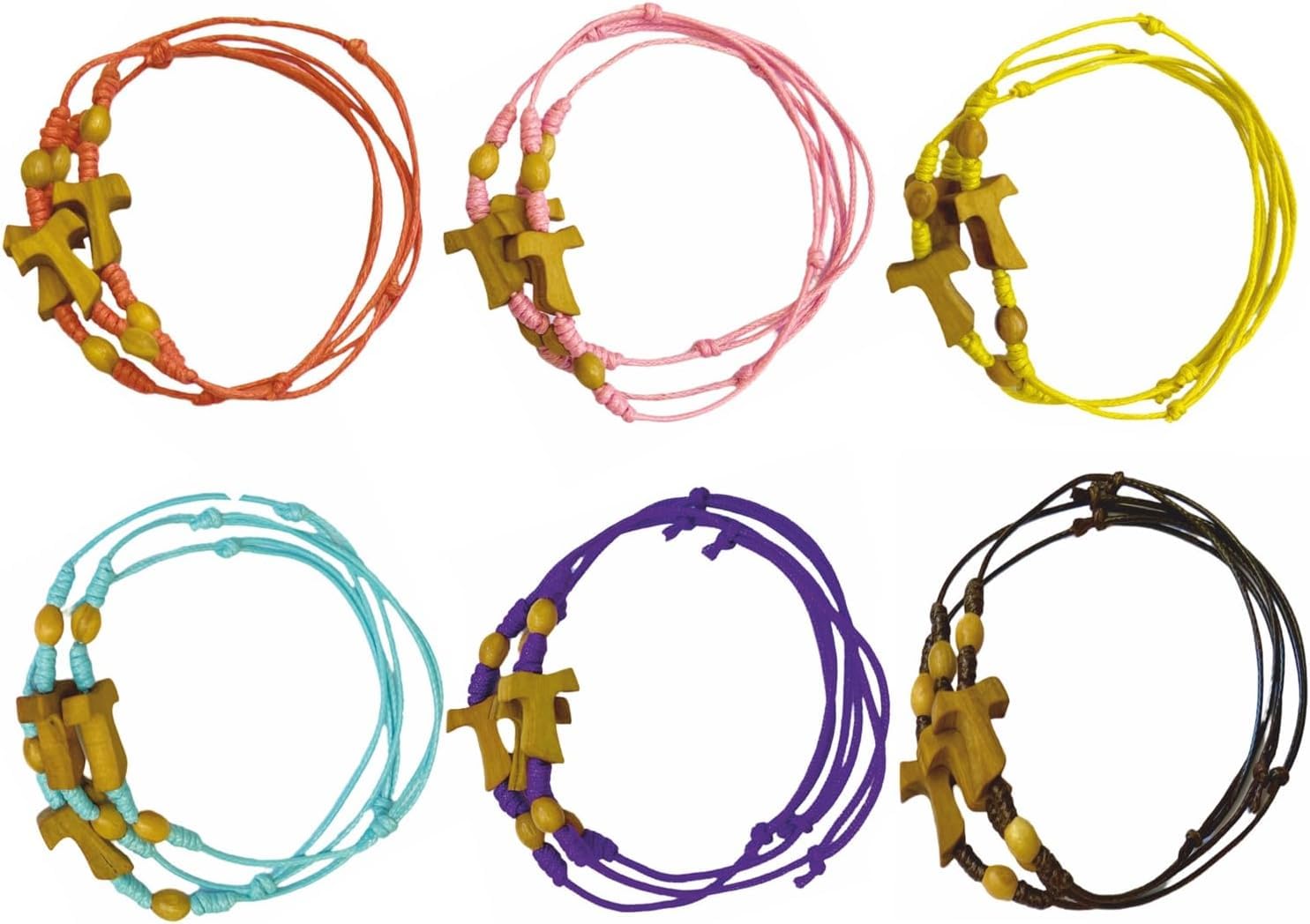 30 BRACCIALI Regolabili con Tau in ULIVO E Palline 6 Colori Assortiti Fabbricate nella Patria di San Francesco