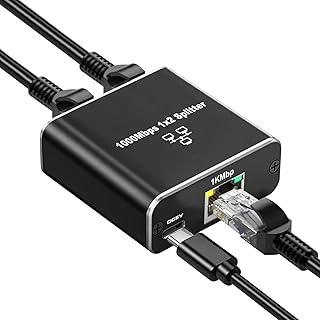 AreMe 1000Mbps Ethernet Splitter, Aluminum High Speed Gigabit Ethernet Splitter Adapter 1 to 2, Dual RJ45 Port Internet Splitter with USB Power Cable, Supports 2 Devices Simultaneous Networking